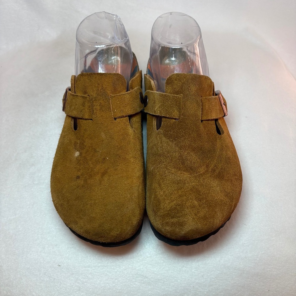 Birkenstock Boston Suede Clogs Brown Tobacco Multi Color Pattern Footbed Womens